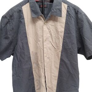 Contigo Mens Button Up Shirt Large Black Tan Pinstripe Embroidered Panel